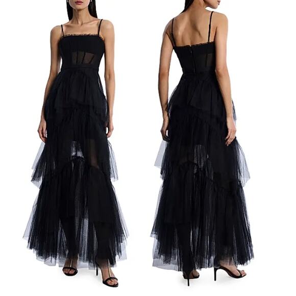 BCBGMAXazria Oly Tiered Ruffle Tulle Corset Maxi Gown Black Women's Size US 4 - Picture 1 of 4